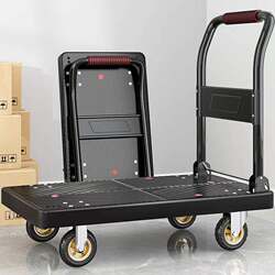 Thickened Four-Wheel Silent Flatbed Cart for Moving and Transporting Goods, Foldable Shopping and Transport Trolley, Hand-Pushed Cart