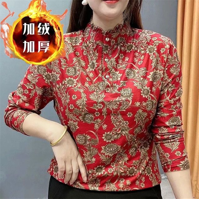 Western mothers standing collar color elasticity 2022 Autumn new bottom shirts loose and covered with belly, middle -aged and elderly large size women's clothing
