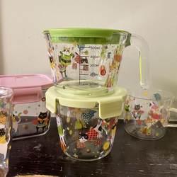 Japanese-Style Cute Cat Carnival Juggling Party Glass Lunch Box with Lid, Measuring Cup, Cartoon Glass Cup, Heat-Resistant