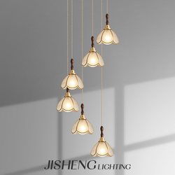 Vintage Staircase Chandelier, All-Copper, American-Style, Solid Wood, Duplex Villa, Open-Air Loft Apartment, Long Chandelier, Rotating Room Light