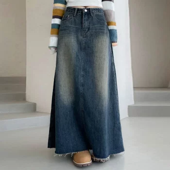 2407 niche Hong Kong style old-fashioned denim skirt for women in spring and summer new versatile retro mid-length A-line skirt
