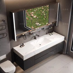 Light Luxury Cream-Style Rock Slab Hot-Bent Integrated Basin Bathroom Cabinet Set, Bathroom Vanity Washbasin, Solid Wood