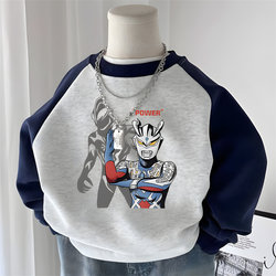 Trendy Fleece-Lined Sweatshirt for Young Boys, Autumn and Winter, Casual and Versatile, with Ultraman Cartoon Print