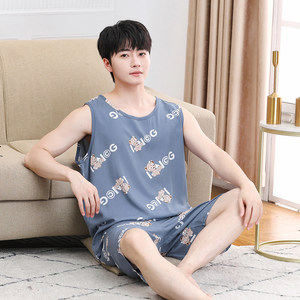 Summer men's and children's sleeveless vest shorts, cotton silk pajamas set, youth dad cotton silk home clothes can be worn outside