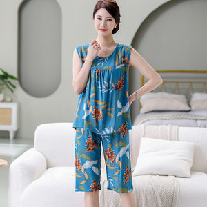 Summer mid -old cotton and silk pajamas women's sleeveless vest two sets of summer cotton silk mothers pretend to be thin home clothing
