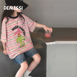Korean Demessi Girls' Short-Sleeved T-Shirt Summer 2026 New Children's Pure Cotton Two-Piece Striped Top Set