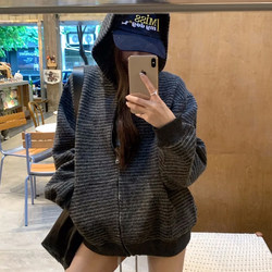 Gray Korean-Style Striped Sports Hooded Jacket for Women, Autumn 2026 New Design, Casual Versatile Cardigan Sweatshirt