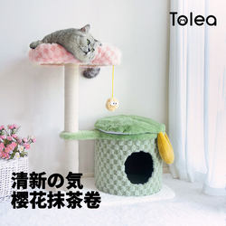 Tolea Cat Climbing Frame, Cat House, Scratching Board All-In-One, Small Space-Friendly, Cherry Blossom Matcha Cat Viewing Platform, Cat Tree