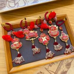 Keychain Bag Pendant Finished Product Red Bada Intangible Cultural Heritage Song Brocade Gourd Pendant with Tassels for Good Fortune, Longevity, Happiness, Wealth, and Peace