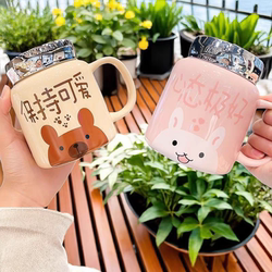 Ceramic Mug for Couples with Lid, Large Capacity, Birthday Gift, High-Looking Women's Coffee Cup, Cute Mirror Water Cup
