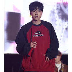 Black and Red Color-Blocking Sweatshirt Similar to Wu Jiaxuan's Outfit, Men's Autumn and Winter Heavy Embroidery Long-Sleeve T-Shirt Top