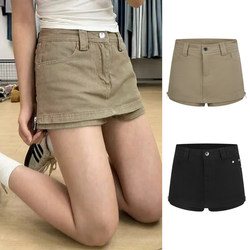 Mosesqueen Khaki Denim Skirt Pants with a Stylish Side Zipper and High-Waisted A-Line Design
