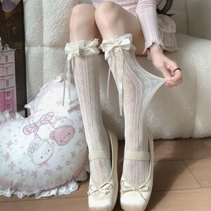 
Lolita lace calf socks bow streamer lifting ears love hollowing ladies summer thin stockings princess socks