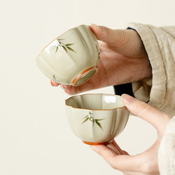 Xuyutang Tea Cup with Plant Ash Glaze, Hand-Painted Bamboo Design, Master Cup, Chinese-Style Ceramic Kung Fu Tea Set, Women's Special Tea Tasting Cup