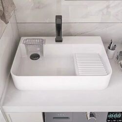 High-End Ceramic Countertop Basin with Washboard, Laundry Basin for Balcony or Bathroom, Side-Drain Single Basin