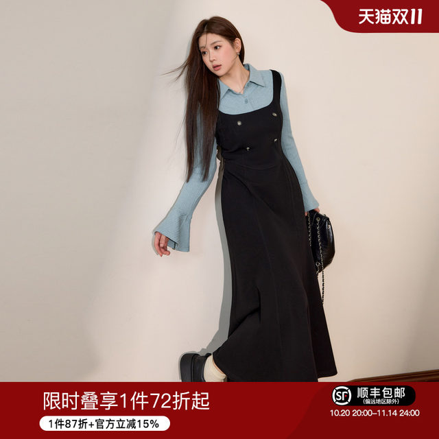Ready stock Blue language plus size women's French elegant fake two-piece dress 2025 autumn slimming and flesh-covering A-line long skirt