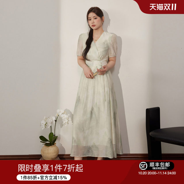 Ready stock Lanyu plus size women's light national style v-neck printed chiffon dress summer new style temperament belly-covering a-line skirt