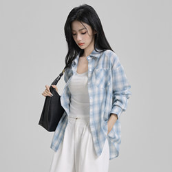 Blue Plaid Long-Sleeved Shirt for Women 2026 Spring and Summer New Design Korean Style Loose Outer Wear Sun Protection Casual Shirt