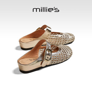 
MILLIE'S/MILLIE Baotou one-word buckle round toe flat heel casual sandals fashion women's shoes 2026 summer new style