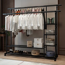 Extra-Thick Double-Rod Clothes Rack for Home Use, Suitable for Bedroom, Movable Indoor/Outdoor Dormitory Balcony Simple Clothes Drying Rack