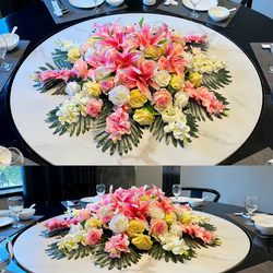 Hotel table decoration flower large round table with flower turntable in the middle restaurant round table decoration simulated artificial flower lawn