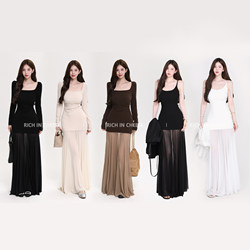 Shuhulei Black and White Swan Cool and Elegant Artistic Spliced Mermaid Mesh Waist-Cinching Spring Dress for Women