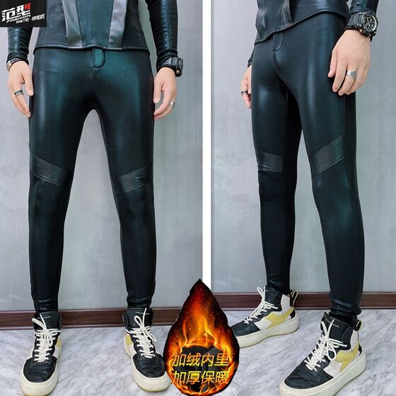 
Velvet and thickened trendy men's spliced PU leather pants Korean style tight-fitting autumn and winter high-elastic bright S-face small feet warm base