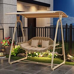 Outdoor Double Wooden Swing Chair for Villa Courtyard Garden, Rocking Chair for Terrace Balcony, Lazy Leisure Hanging Chair for Homestay