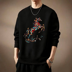 Chinese Style Year of the Horse Zodiac Year Sweatshirt for Men, 2026 Autumn and Winter Loose Fit Burgundy Youth Trendy Brand Top