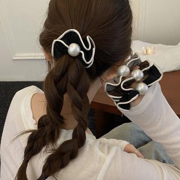 High-end pearl hair tie, simple black lace small intestine hair tie, fashionable ponytail hair rope, rubber band head flower