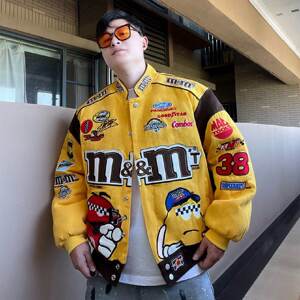 
Heavy industry MM bean embroidery racing motorcycle jacket for men and women loose retro trendy brand baseball cotton clothing couple thickened jacket