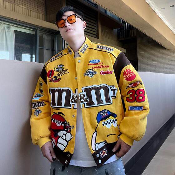 
Heavy industry MM bean embroidery racing motorcycle jacket for men and women loose retro trendy brand baseball cotton clothing couple thickened jacket