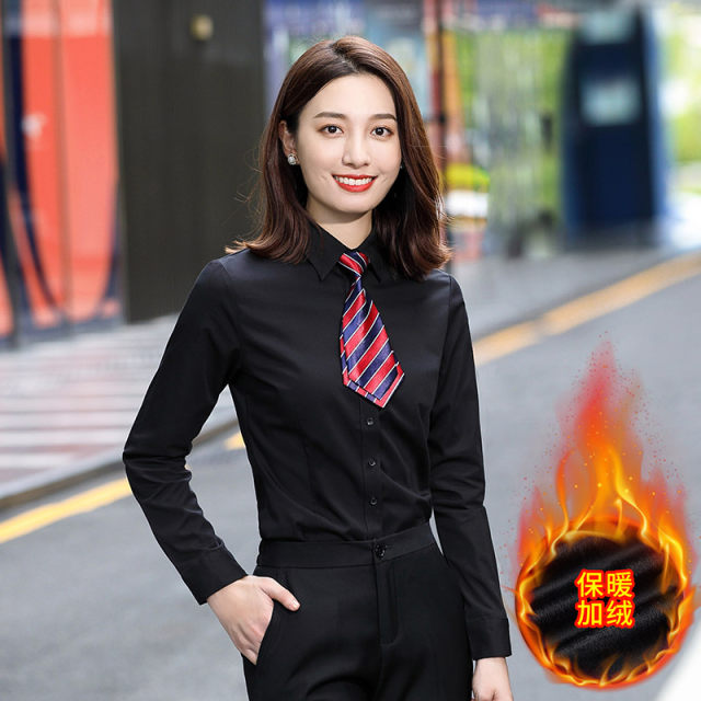 Black long-sleeved square collar plus velvet thickened professional shirt for women 2025 winter warm work clothes temperament formal shirt
