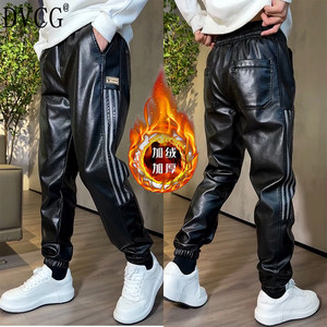 
High-end autumn and winter three-stripe leather pants, loose casual pants, men's trendy leggings, velvet and thickening, motorcycle men's style