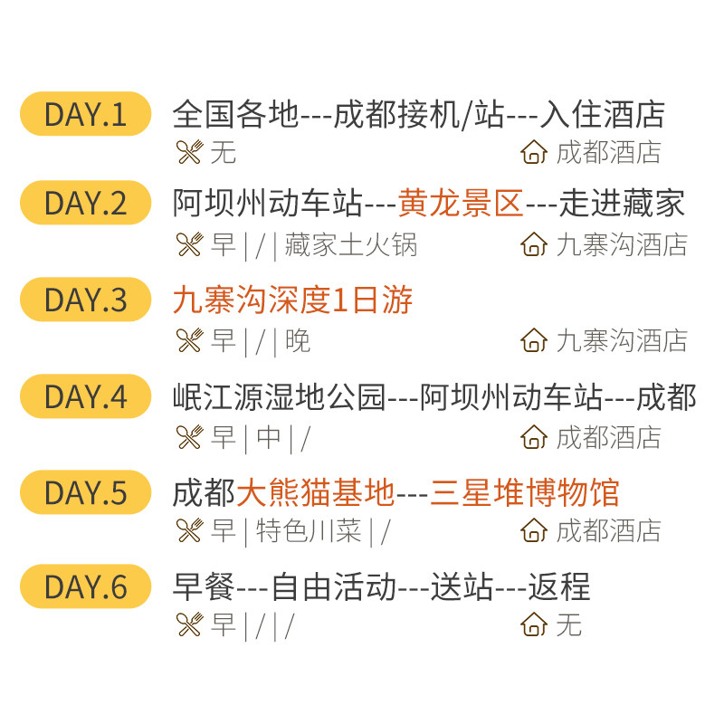 含往返交通-成都双动九寨沟黄龙三星堆熊猫基地0购物0自费6日游