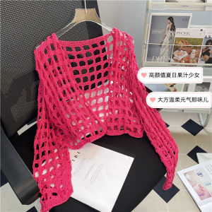 Fire Dragon Fruits Hollow sweater cave sunscreen knitted cardigan female thin out of summer 2022 new top
