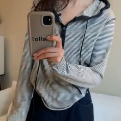 Korean-Style Striped Hooded Long-Sleeve T-Shirt for Women, 2025 Autumn New Drawstring Hoodie, Inner Layer Base Shirt, Loose Top