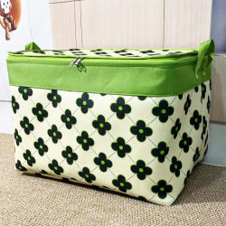 Fabric Printed Large-Capacity Canvas Storage Box with Double Zipper and Lid, Steel Ring, Clothes and Quilt Storage Bag, Moisture-Proof and Thickened