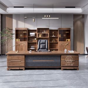 
All solid wood office desk and chair combination bookcase simple boss desk CEO office furniture executive desk walnut