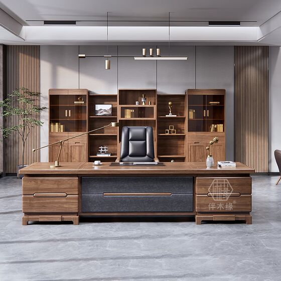 
All solid wood office desk and chair combination bookcase simple boss desk CEO office furniture executive desk walnut