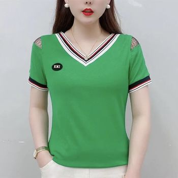 Young mother dressed in summer short-sleeved V-neck striped lace mesh off-shoulder T-shirt middle-aged women's horizontal striped slim pullover shirt