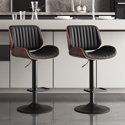 Solid Wood Adjustable Bar Stool with a Light Luxury Feel, Home-Use Genuine Leather Backrest Bar Chair, Island High Stool, Swivel Dining Chair