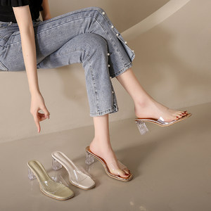 
High heels and sandals for women 2023 summer new fashion transparent mid-heeled crystal shoes fashion ladies outer slippers