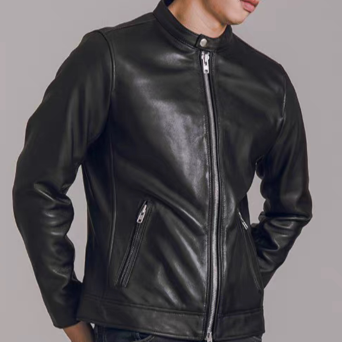 
M-31. Men's spring and autumn classic black simple trendy slim and versatile stand-up collar straight-pull leather jacket