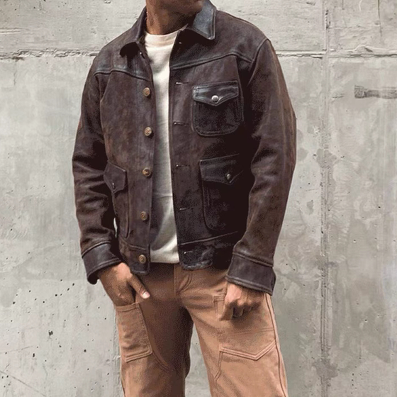 
Horsehide three-pocket hunting jacket. Men's autumn fashion coat lapel genuine leather retro distressed short jacket
