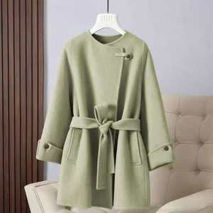 
New autumn and winter high-end double-sided woolen coat single-pin waistband mid-length versatile temperament coat-DY0191