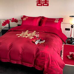 Wedding four-piece set of pure cotton wedding bedding pure cotton jacquard festive quilt cover wedding newlywed red bed sheets