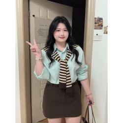 Plus-Size Korean-Style Mint Green Long-Sleeve Shirt for Women, Spring Season Turn-Down Collar Shirt, Stylish and Elegant Top