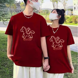 2026 Year of the Horse Zodiac Year Clothing Men's and Women's T-Shirts Burgundy Pure Cotton Couple Outfits New Year Family Photo Short-Sleeved