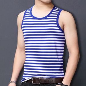 Summer sea soul shirt sweat vest male sleeveless T -shirt pure cotton blue and white striped shoulder sporty elastic middle -aged vest